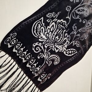 Jessica Silk Viscose Burnout Velvet Paisley Fringe Scarf Red Black Whimsigoth